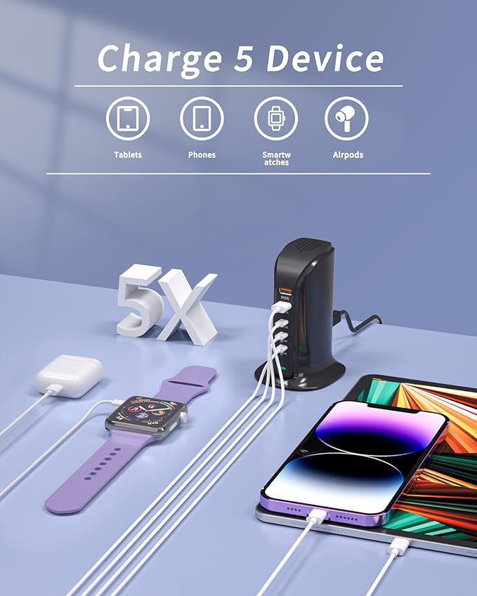 USB C Charging Station for Multiple Devices,55W Multiport USB Tower Charger,5 Port USB C Wall Charger Block for iPhone,iPad,Samsung (Black)