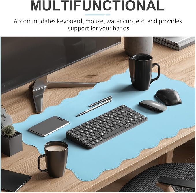 Scalloped Desk Mat Leather Desk Pad Protector Non-Slip PU Leather Table Protector Waterproof Mouse Pad Keyboard Mat Curly Mousepad PC Accessories Gift for Office Home(Light Blue)