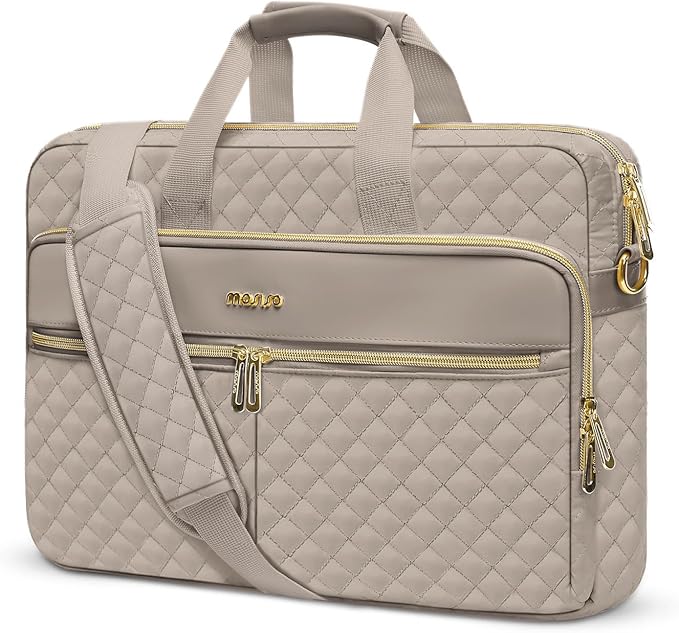 MOSISO 13-14 inch Laptop Bag, Laptop Briefcase Messenger Compatible with MacBook Neo 13 inch/Air 13.6/13 /Pro 13/14, Square Quilted Computer Bag Work Office Business with 3 Pockets&Strap, Taupe Brown