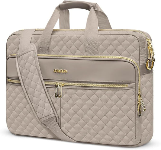 MOSISO 15-16 inch Laptop Bag, Laptop Briefcase Messenger Compatible with MacBook Pro 16/Air 15, HP, Dell, Lenovo, Square Quilted Computer Bag Work Office Business with 3 Pockets&Strap, Taupe Brown