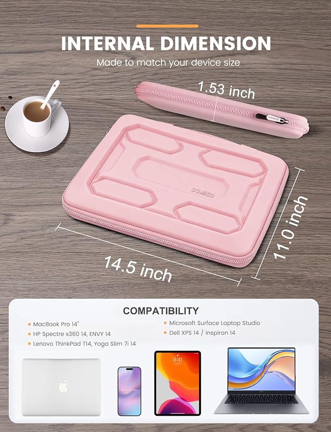 DOMISO 14 inch Laptop Sleeve with Handle Shockproof Computer Bag Waterproof EVA Protective Carrying Case for 14" ThinkPad E480/Yoga 920/13.5" Microsoft Surface Book/HP Pavilion 14 Stream 14, Pink