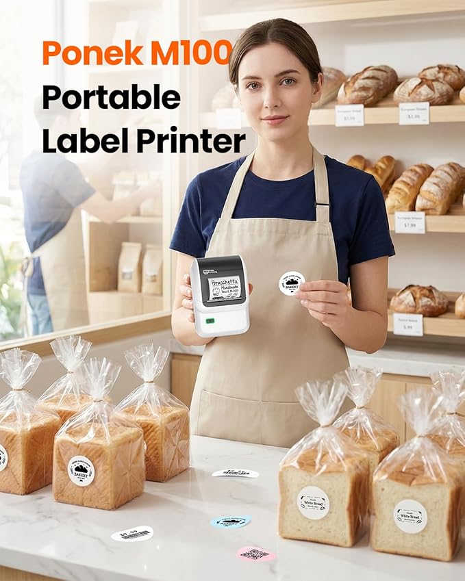 Label Maker, M100 Address Label Printer, Versatile App with 4000 Icons and 300 Templates, Barcode Bluetooth Label Printer for Small Business, Home, Office, School Organization, White