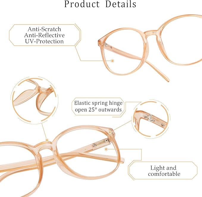 LifeArt Round Blue Light Blocking Glasses, Computer Glasses, Gaming Glasses, TV Glasses for Women Men (Champagne, 0.50 Magnification)