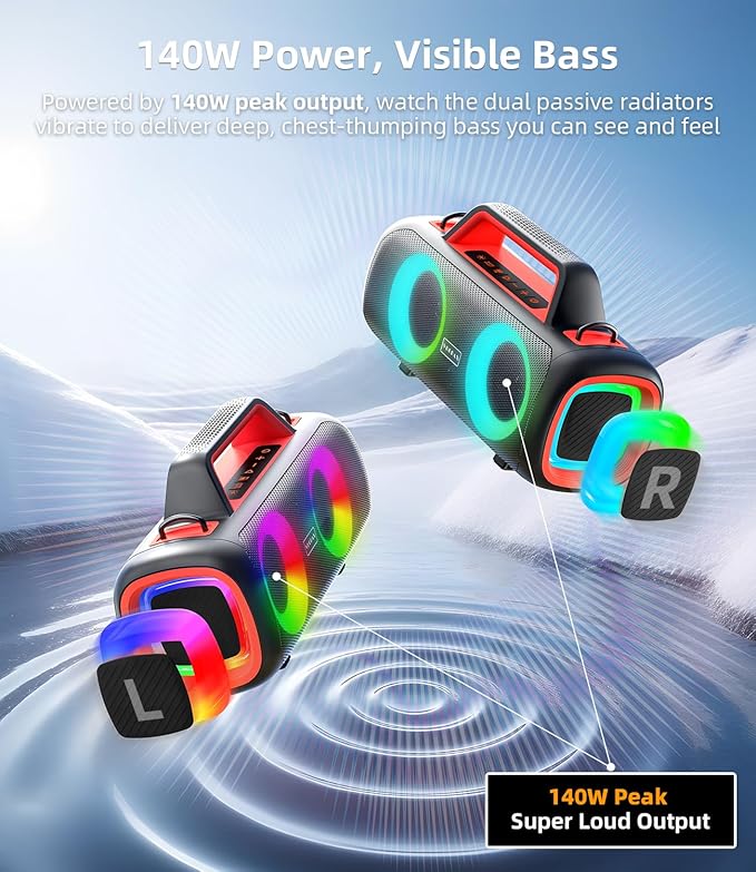 Portable Bluetooth Speaker 140W, Loud Wireless Speaker with 2 Subwoofers & Bass Boost, IP65 Waterproof Outdoor, 12000mAh Battery 24H Playtime, RGB Lights, TF/AUX/Mic Input for Home, Party, Outdoor