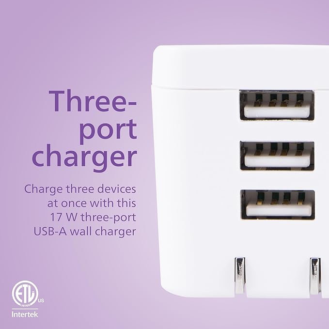 Philips iPhone USB Wall Charger Block, 17W 3-Port USB A Charging Block for iPhone 14, 13, 12 Series, iPad Power Adapter Cube, Foldable Plug Charging Box, DLP2408/37