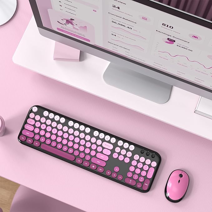 Wireless Keyboard Mouse Combo - Lovely Blackpink-Gradient Rainbow Full-Sized Typewriter Colorful Keyboards, Round Keycap Plug Play Retro Cute Keyboards for Windows, Laptop, PC, Desktop, Computer