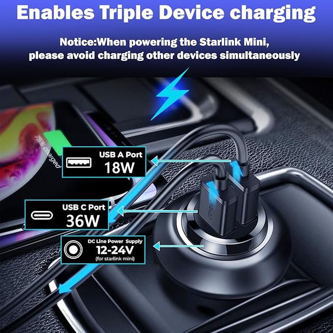 URANT12V-48V DC Power Cable for Starlink Mini,18AWG Heavy Duty Car Power Adapter with Voltage Display,USB-C PD Fast Charging,Step-up Voltage Stabilizer for RV,Truck,Marine & Off-Road(10FT)