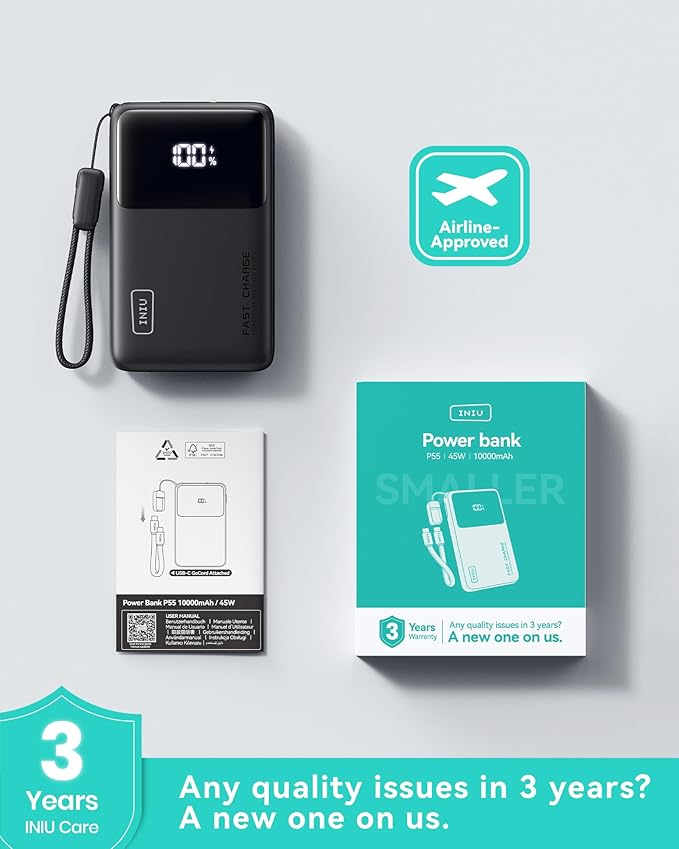 INIU Small Portable Charger, 45W PD Fast Charging 10000mAh Power Bank, Battery Pack with Attached USB C Cable, Travel Essentials Powerbank for iPhone 17 16 15 14 Pro Air, Xiaomi, Samsung S25 S24 etc