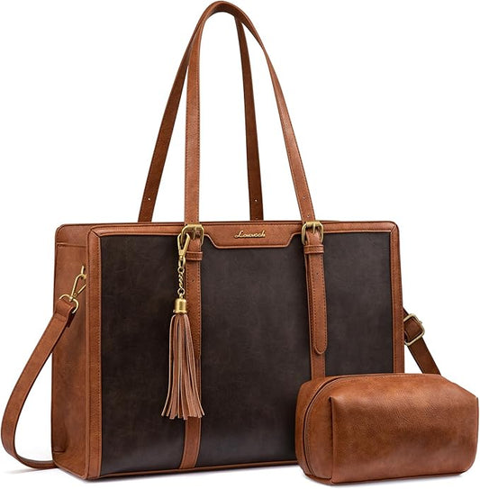 LOVEVOOK Laptop Bag for Women Vintage Leather Work Tote 15.6 inch Large Capacity Computer Bag with Clutch Purse for Teacher,Office,Casual