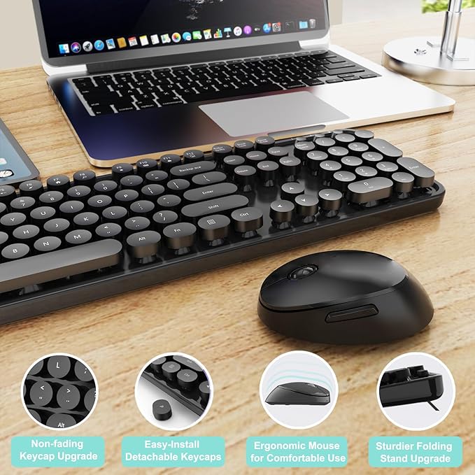 Wireless Keyboard and Mouse Combo, Ergonomic Full Size Typewriter Retro Round Keycaps Keyboard, Compatible with Windows, PC, Perfer for Home and Office Keyboards (Black