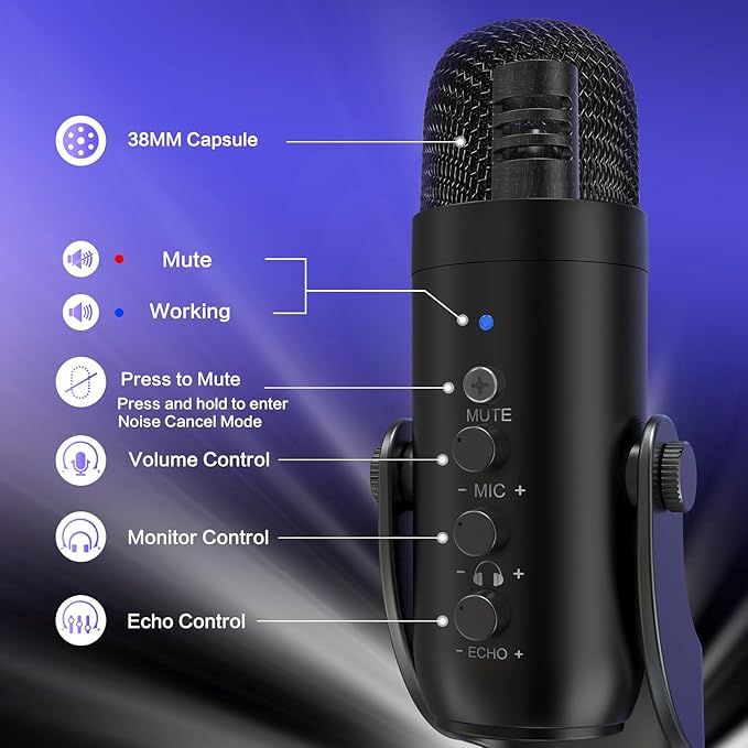 ZealSound Podcast Microphone for PC, Noise Cancellation USB Mic with Gain, Volume Adjustment & Mute Button, Monitoring & Echo, for YouTube, TikTok, Podcasting, Streaming, iPhone, iPad, Android, Mac