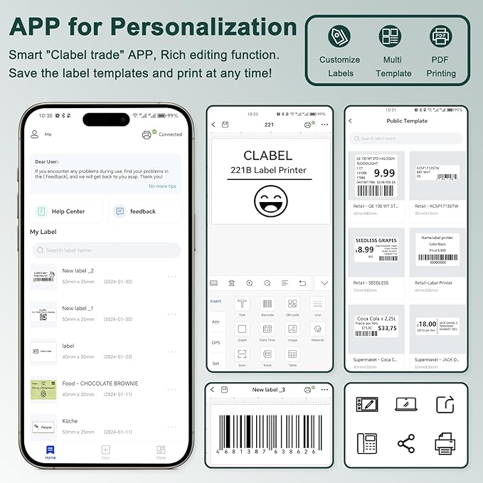 CLABEL Thermal Label Maker Machine 221B Mini Portable Label Printer Thermal Labeling Printing Machine Sticker Bluetooth Label Printer Barcode Inkless Labelmaker for Price Logo Clothing (Gray White)