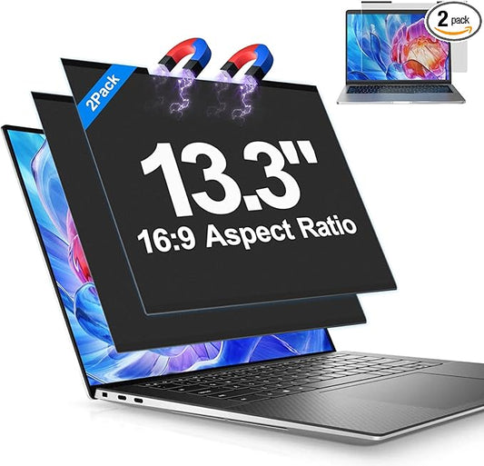 2Pack Magnetic Laptop Privacy Screen Filter 13.3 inch for 16:9 Widescreen Computer Monitor, Removable Anti Blue Light Privacy Shield, Anti-Glare Protector