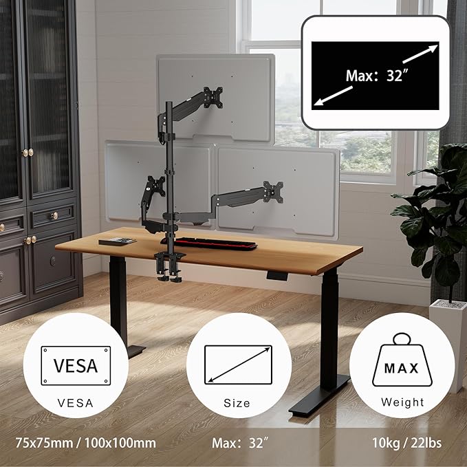 Pholiten Triple Monitor Mount, 3 Gas Spring Monitor Arms for Up to 32 inches Screens, Fully Adjustable Heavy Duty Triple Monitor Mount with Cable Management, Each Arm Holds 22 lbs