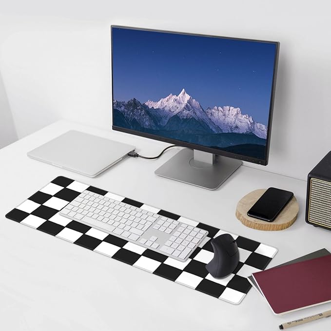Checkered Black White Gaming Mouse Pad Desk Mat for Home and Office, Large Mousepad Extended Keyboard Pad Stitched Edge Accessories Decor