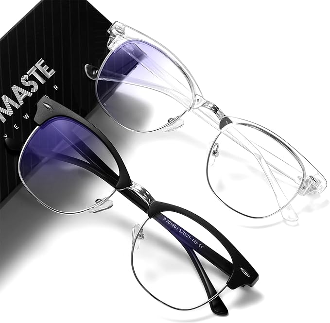 Blue Light Blocking Glasses Vintage Half Frame UV Clear Lens Anti Eyestrain Computer Gaming Glasses for Women Men (E-matte Black Silver+crystal Silver)