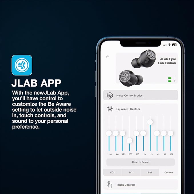 JLab Epic Lab Edition True Wireless Earbuds, Hybrid Dual Drivers, Spatial Audio, Multipoint BT, Wireless or USB-C Charging, Wear Detect Auto Play/Pause, Google Fast Pair
