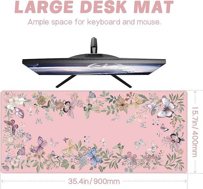 Baziabbo Pink Desk Mat,XXL Extended Big Mouse Pad,Cute Gaming Mousepad with Stitched Edge,Non-Slip Rubber Base Keyboard Desk Pad for Home Office Study Game