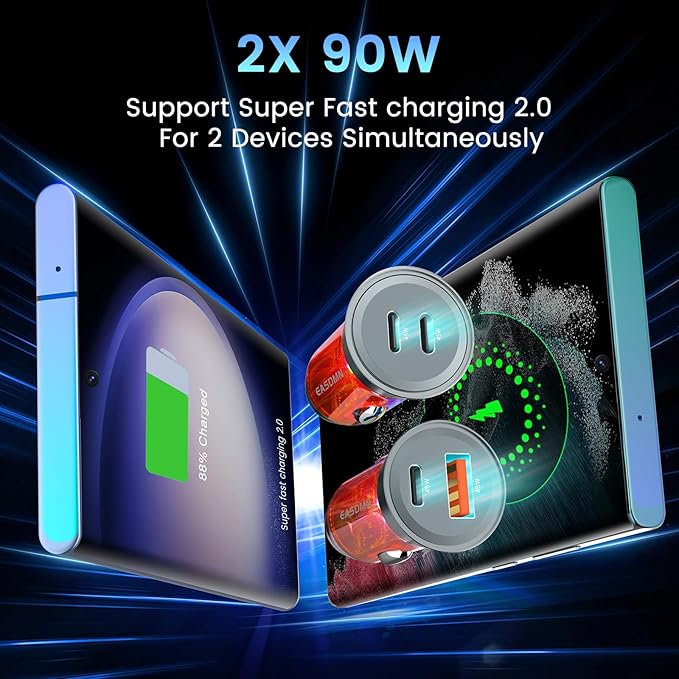 2-Pack 90W USB C Super Fast Car Charger, Dual-Port [PD/PPS 45W & QC 45W] Car Cigarette Lighter USB Charger Adaper for Samsung Galaxy S25 Ultra/S25+/S24 Ultra/S23+, Note 20/10,Tab S9, iPhone 15(Orange)