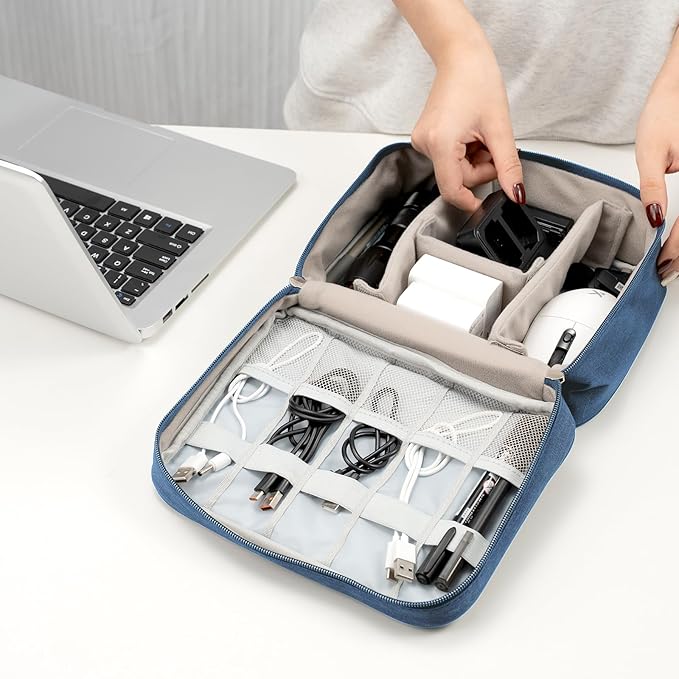 Cable Organizer bag for women or men,Electronic Accessories Carry Case Portable Waterproof Double Layers All-in-One Storage Bag for Cord, Charger, Phone, Earphone (Navy blue)