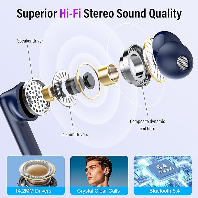 Wireless Earbuds, Bluetooth 5.4 Headphones with Touch Screen, 48H Ear Buds with ANC/ENC Noise Cancelling/Transparency Mode, IPX7 Earphones with 5 EQ Modes, Sapphire Blue