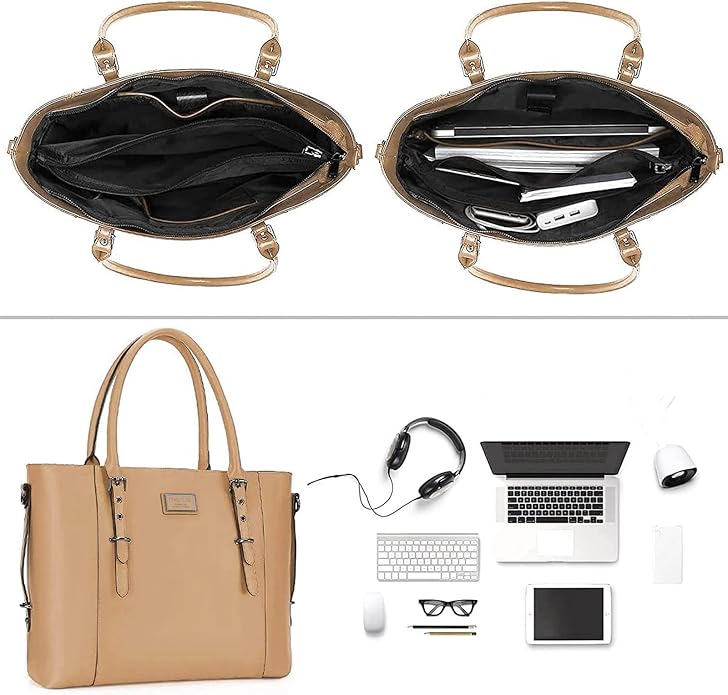 MOSISO Laptop Bag for Women, Waterproof Vintage PU Leather Briefcase Shoulder Computer Laptop Tote Bag for Office Work