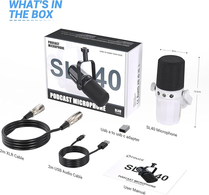 FDUCE SL40 Dynamic Microphone for Podcasting, Gaming, Live Streaming and Recording, Built-in Headphone Output, LED Mute Button, All-Metal USB/XLR, Voice Isolation Technology (White)