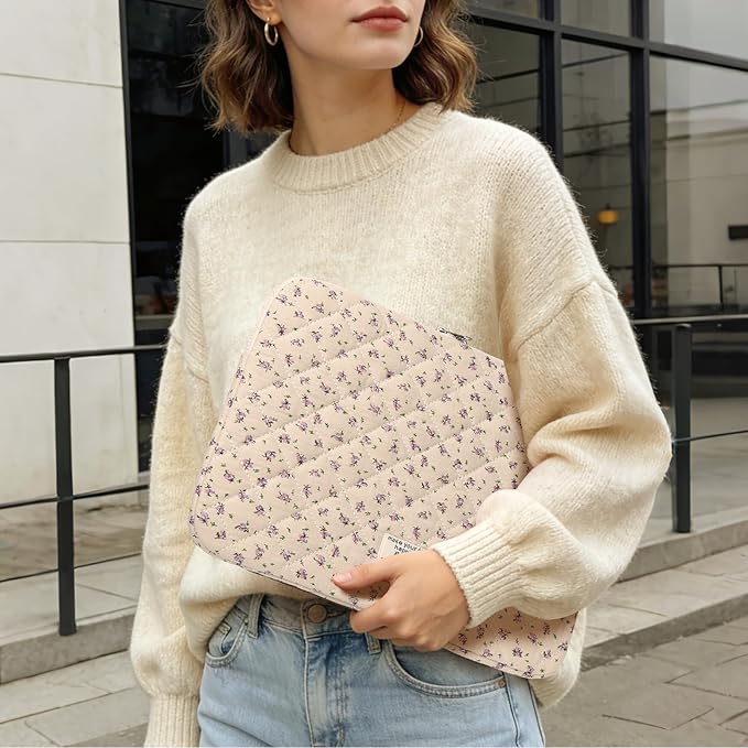 Puffy Laptop Sleeve Case Cute Computer Bag Flower Printed Quilted Laptop Carrying Cases Floral Pattern Protective Cover
