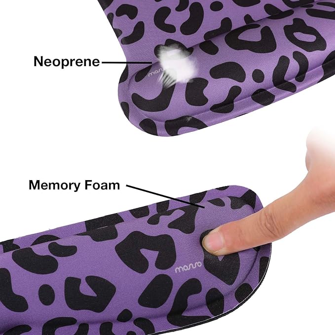MOSISO Wrist Rest Support for Mouse Pad&Keyboard Set, Leopard Grain Ergonomic Mousepad&Coaster Non-Slip Base Home/Office Pain Relief&Easy Typing Cushion with Neoprene Cloth&Raised Memory Foam, Purple