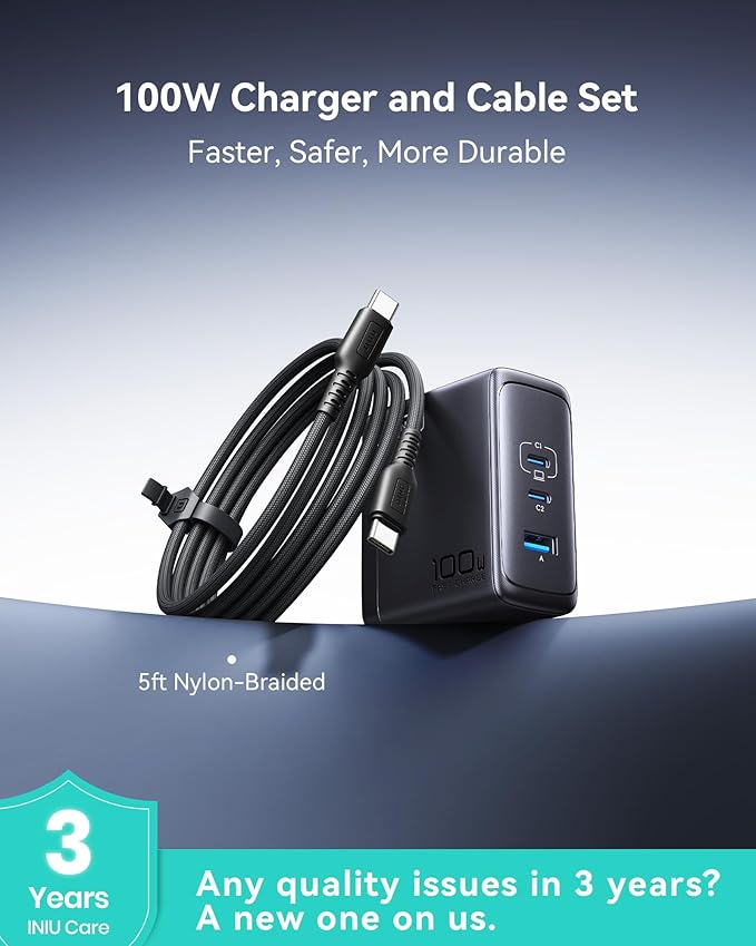 INIU for Macbook Pro Air Charger, 100W 3-Port PD Fast Charging, Compact Foldable Charger With USB C Cable, GaN Power Adapter For Mac Book, iPad, iPhone 17, Samsung S25, Switch, Camping, Business, Blue