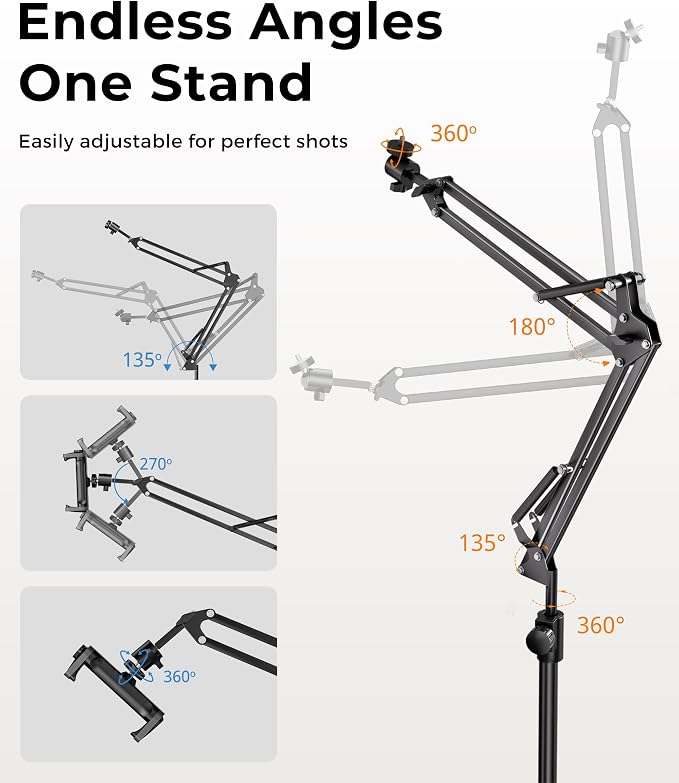 UBeesize Overhead Camera Mount with 360° Adjustable Arm & Phone Holder for TikTok Live Streaming Photography Studio Content Creation, Desk Mount for DSLR Cameras/Webcam/iPhone/Ring Light/Microphone - Image 4