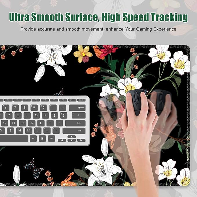 Desk Matt for Desktop, Desk Pad Mat, Desk Mat for Keyboard and Mouse, Large Mouse Pad for Desk, Anti-Slip Big Mousepad with Stitched Edges, Mouse Mat for Computer Laptop, Blooming Lilies Flowers