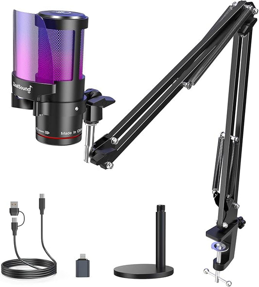 ZealSound Gaming Microphone for PC/Mac/iPhone/Phone – 192kHz/24-bit Podcast Mic with Noise Reduction, Tap-to-Mute, Gain, Monitoring, Boom Arm, Pop Filter, RGB Lighting for Streaming, Gaming, Recording
