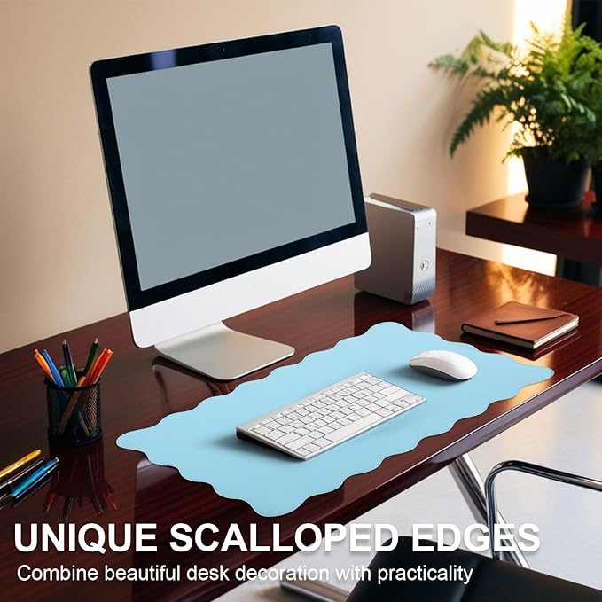 Scalloped Desk Mat Leather Desk Pad Protector Non-Slip PU Leather Table Protector Waterproof Mouse Pad Keyboard Mat Curly Mousepad PC Accessories Gift for Office Home(Light Blue)
