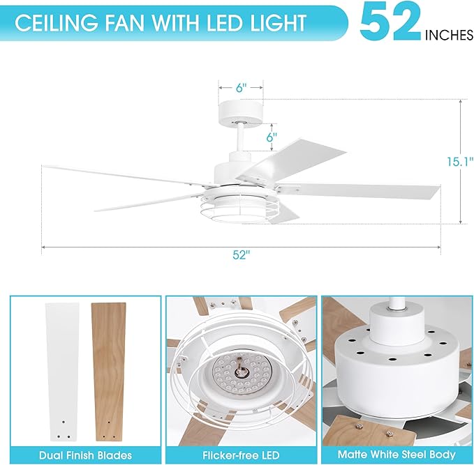 Ceiling fans with Lights and Remote 52 Inch Industrial Ceiling Fan for Bedroom Living Room Patios, Farmhouse Chandelier Fans Outdoor/Indoor, 6 Speeds, Reversible DC Motor, Dimmable, White