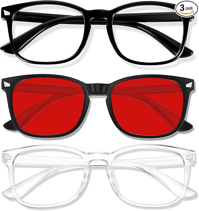 Red Lens Glasses Blue Light Glasses Men Women - 99.9% Blue Green Blocking for Computer, Gaming, TV, Phone Screens - 3 Pair