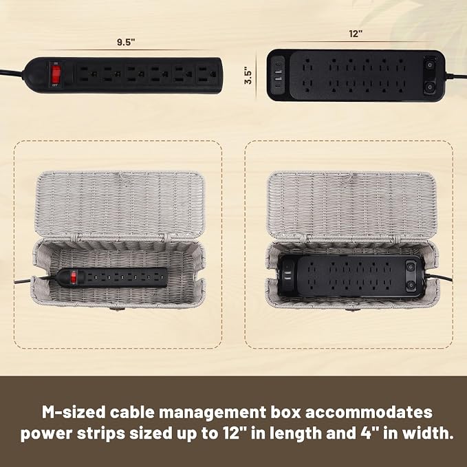BROWNLILY Cable Management Box, Rattan Style Cord Organizer for Desk Cord Hider Outlet Covers Baby Proofing for Power Strip TV PC Router Charger Under Desk Storage with Lockable Lid and Cable Ties - Image 4