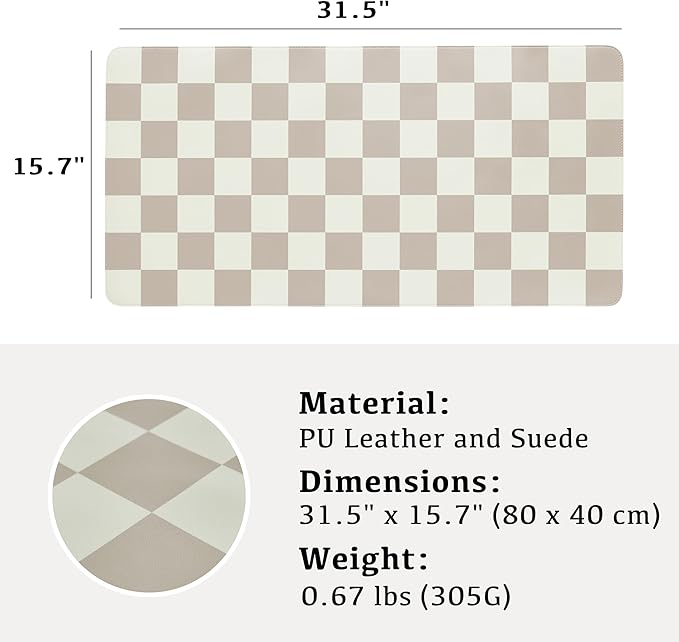 Checkered Desk Mat, 31.5" x 15.7" Large Cute Beige Khaki Aesthetic Retro Accessories, PU Leather Computer Laptop Desk Mat Mouse Keyboard Pad, Desk Writing Makeup Mat for Vanity/Work/Home Decor