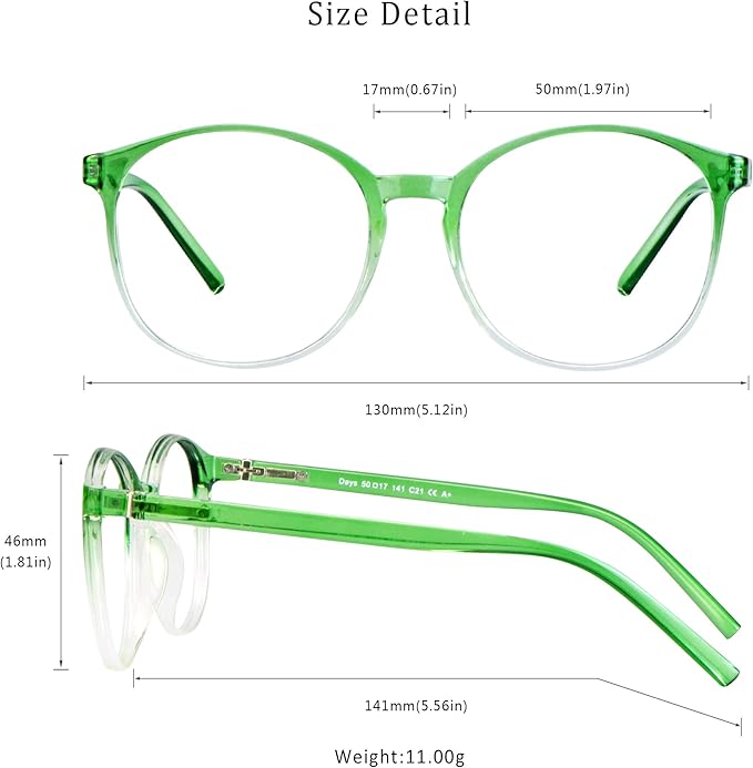 LifeArt Round Blue Light Blocking Glasses, Computer Glasses, Gaming Glasses, TV Glasses for Women Men (Clear Green, 1.00 Magnification)