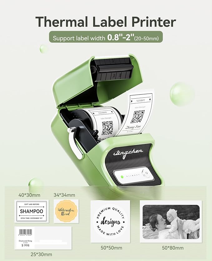 NIIMBOT B21 Label Maker Inkless Bluetooth Label Printer, 2 Inch Portable Thermal Sticker Machine for Small Business, Address, Logo, Clothing, Mailing, Candles, Jewelry, Sticker Printer for Gift, Green