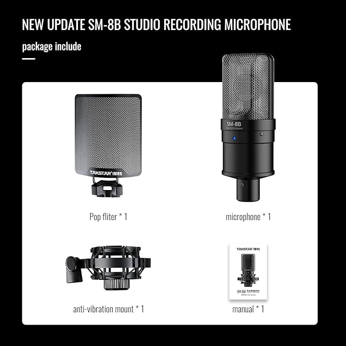 TAKSTAR Professional Recording Microphone, XLR 16mm Condenser Diaphragm Microphone with Anti-Vibration Mount, POP Filter for Vocal, Instruments, Stage, Streaming, Gaming, Video Dubbing, SM-8B II