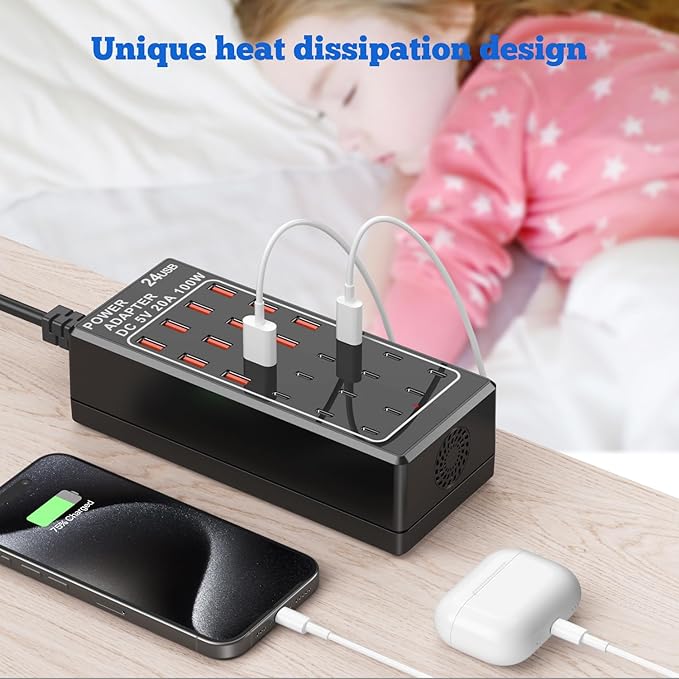 USB Charging Station Block, USB C Charger Station 24-Port 100W(20A), USB A Charger Block, Fast Charger Desktop Station, Multi-Function Smart Charger for Apple iPhone iPad Samsung Laptop Pixel