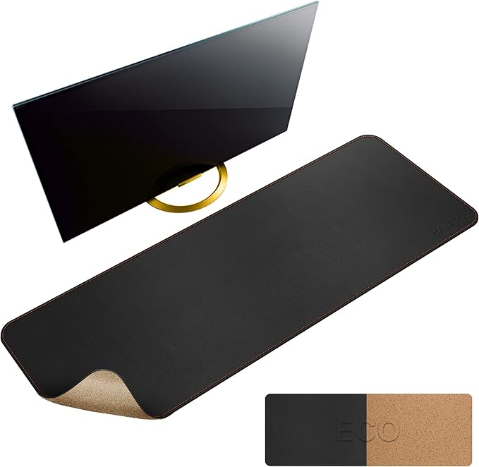 MAIDERN 47.2" x 15.7" Cork & Leather Desk Pad, Large XXL Mat, Full Mouse Pad, Dual Sided Protector for Gaming Home Office (Black)