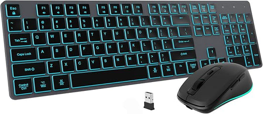 Backlit Wireless Keyboard and Mouse Combo, Rechargeable Quiet 2.4G Cordless USB Slim Full Size for Apple iMac, MacBook, laptop and PC, Space Gray