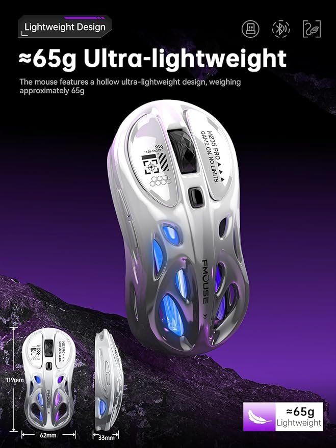Tri-Mode Wireless Mouse (2.4G/Bluetooth/Wired), Hollow Design, RGB, 4800 DPI, Rechargeable Type-C for Mac/Laptop/iPad (Gaming/Office) - White & Gray Gradient