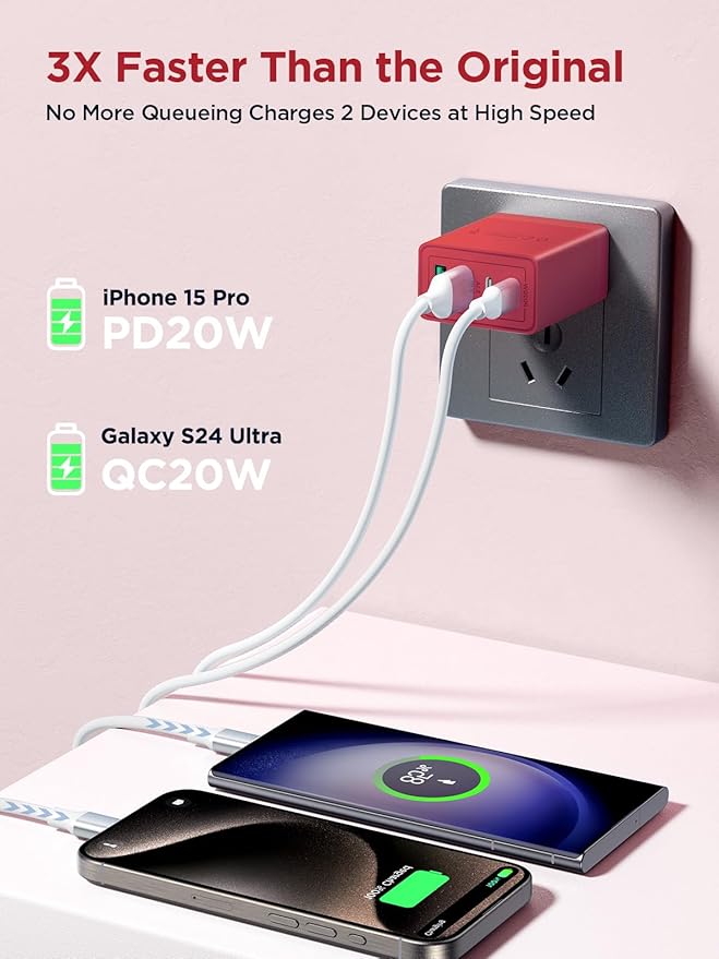 [3-Pack] USB Charger Fast Charging Block 40W Type C Charging Blocks 4-Port PD Power Adapter + QC Wall Plug Multiport USB C Charger Block for iPhone 17 16 15 14 13 12 11 Pro Max XR XS 8