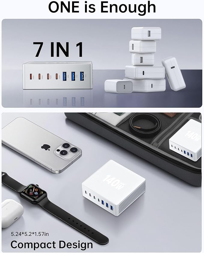 USB C Charger Block, 140W GaN III 7-Port Fast Charging Station for Multiple Devices, PD 3.0 USB Wall Power Strip Charging Hub Travel Adapter Plug for iPad iPhone Samsung Android, White
