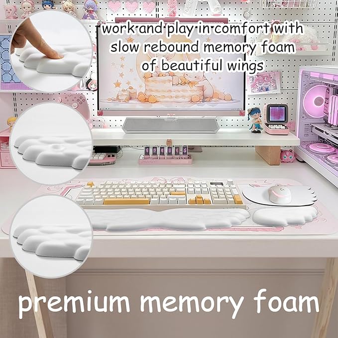 JIKIOU Angel Wing Wrist Rest Ergonomic Memory Foam Wrist Rest for Computer Keyboard Mouse Set, Cute Leather Keyboard & Mouse Support with PU Anti-Slip Base Waterproof White