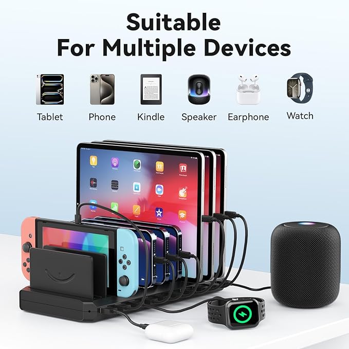 Charging Station for Multiple Devices, Multiple USB Charger Station with 10 Fast Charging Ports, Charging Station for iPhone Apple Watch Samsung Cellphone