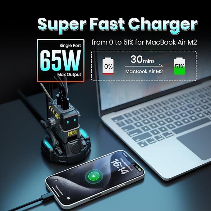 GravaStar Alpha65 65W GaN USB-C Fast Charger, 3-Port Wall Charger, Foldable Compact Charger for iPhone, MacBook Pro, Galaxy, Steam Deck - Black - with US/EU/UK Interchangeable Plug Adapters